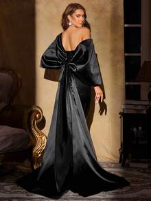 UNITHORSE 女士方领亮片拼布露背可拆卸蝴蝶结优雅正式礼服 - 黑色 - 查看 2