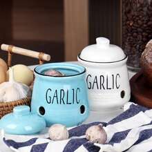 1 Peça Caixa de Armazenamento de Alho, Caixa de Armazenamento de Alho de Cerâmica, Recipiente de Armazenamento de Alho para Bancada, Jarra de Alho de Cerâmica com Tampa de Bambu, Tigela de Armazenamento de Legumes para Bancada, Lata de Armazenamento de Alho com Ventilação, Decoração de Cozinha Estilo Rústico, Utensílios de Cozinha