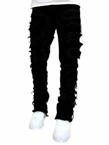 Jeans con flecos de moda para adolescente masculino - Negro - Ver 2