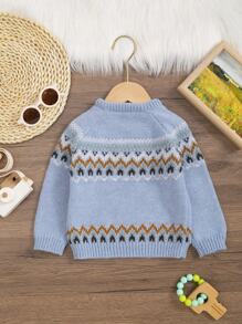 Baby Boy Wave Pattern Solid Color Knitted Sweater - Blue - View 2