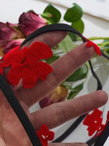 2 件套女士性感内衣套装 - 透明网眼衬垫文胸和内裤，带植绒设计 - 黑色 - 查看 7