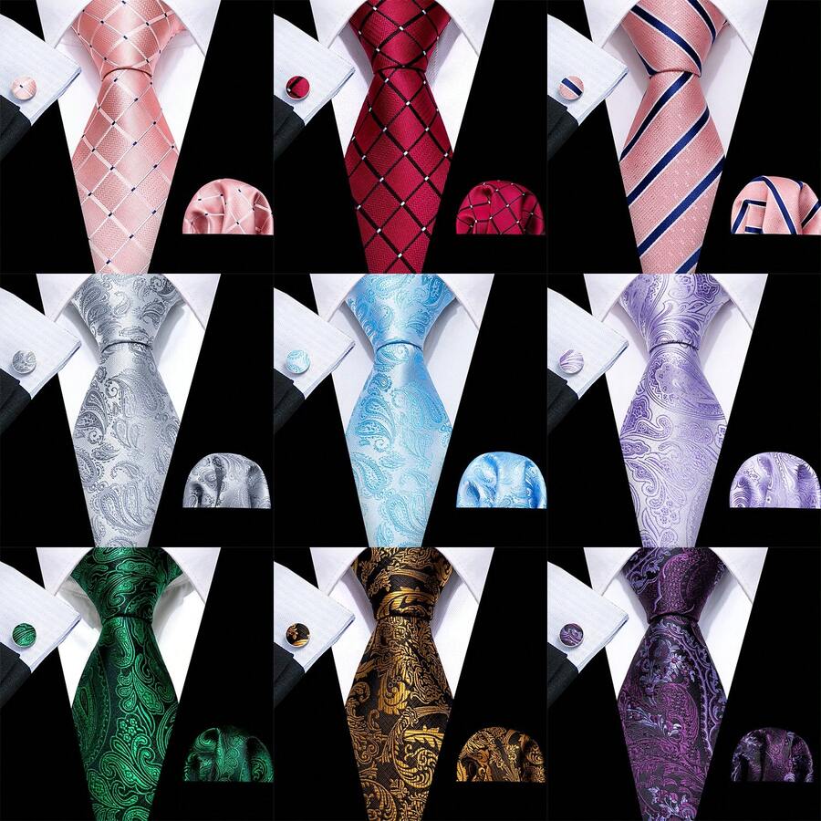 Bộ 3 Cà Vạt Nam Màu Xanh San Hô Tím Bạc Cà Vạt Sọc Hình Học Bộ Khuy Măng Sét Hanky Tiệc Cưới - Nhiều màu - Xem 1