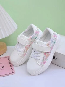Giày thể thao màu trắng cho bé gái mùa thu mới, giày da mũi tròn đế bằng chống thấm nước họa tiết hoạt hình, giày thể thao cho học sinh, giày công chúa thường ngày có móc và vòng thời trang, giảm xóc nhẹ - trắng - Xem 5