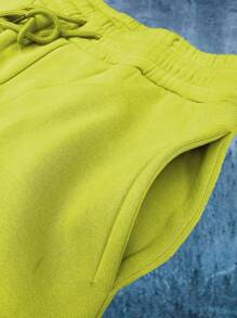 Men's Basic Drawstring Waist & Cuffed Casual Sweatpants For Outdoor Running, Spring And Fall - Lime Green - View 3