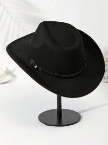 1 件男女通用腰带装饰波西米亚纯色牛仔帽亮片牛仔帽软呢帽爵士巴拿马帽软毡帽西部牛仔风格帽子适合派对 - 黑色 - 查看 10