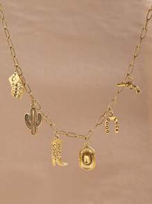 1pc Western Style Cowboy Boot, Gun, Cactus Pendant Necklace, Casual Cowboy Hat And Playing Cards - A Thoughtful Jewelry Gift For Tourists - Gold - View 7