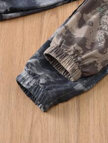 2024 Design Boys Letter & Camouflage Tie-Dye Print Set, Fashion Multi Pocket Long Sleeve Hoodie & Cargo Pants 2pcs