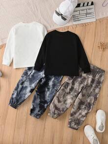 2024 Design Boys Letter & Camouflage Tie-Dye Print Set, Fashion Multi Pocket Long Sleeve Hoodie & Cargo Pants 2pcs