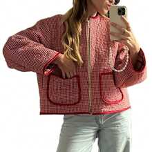 Womens Puffer Jacket Floral/Striped Lightweight Quilted Puffy Coat Fall Winter Zip Up Outwear - 紅色 - 查看 1