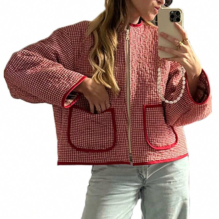 Womens Puffer Jacket Floral/Striped Lightweight Quilted Puffy Coat Fall Winter Zip Up Outwear - 紅色 - 查看 1