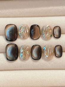 10 piezas de uñas postizas hechas a mano, con ojo de gato negro, brillo dorado, decoración de cristales 3D, forma ovalada corta, set de uñas artificiales para estudiantes y mujeres embarazadas, incluye esmalte de gel y accesorios para uñas postizas - Multicolor - Ver 5