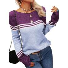 Women Autumn Winter Colorblock Pullover Sweaters Round Neck Striped Slim Fitting Knitwear Tops - 淺藍色 - 查看 2