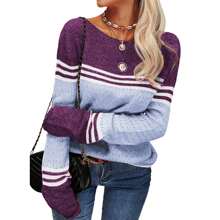 Women Autumn Winter Colorblock Pullover Sweaters Round Neck Striped Slim Fitting Knitwear Tops - 淺藍色 - 查看 3