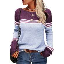 Women Autumn Winter Colorblock Pullover Sweaters Round Neck Striped Slim Fitting Knitwear Tops - 淺藍色 - 查看 1