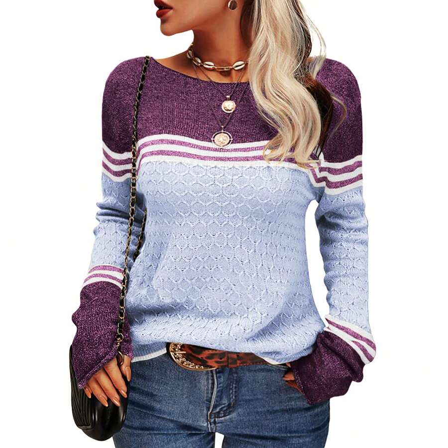 Women Autumn Winter Colorblock Pullover Sweaters Round Neck Striped Slim Fitting Knitwear Tops - 淺藍色 - 查看 1
