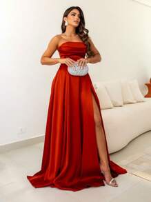 LONG TAILORED DRESS WITH SLIT - Burnt Orange - View 1