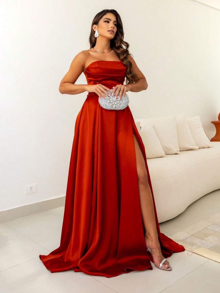 LONG TAILORED DRESS WITH SLIT - Burnt Orange - View 1