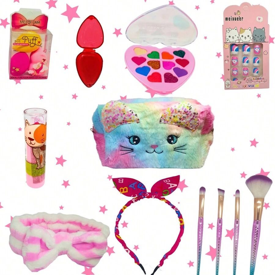 Children's Makeup Kit: Toiletry Bag + Lip Gloss + Eyeshadow Brush + Glitter + Lipstick - 彩色 - 查看 1