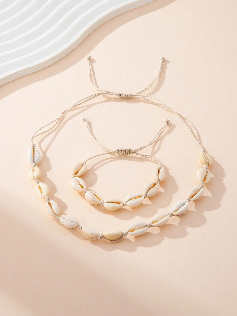1 bộ vòng tay và vòng cổ bện thủ công bằng vỏ sò, phụ kiện thời trang - vòng tay màu be - Xem 1