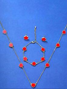4pcs/Set Minimalist & Fashionable Five Petals Flower Copper Necklace, Earrings, Bracelet Set For Date And Birthday Gift Sister Gifts Women Gifts Jewelry Charms Prom Jewelry - Red - View 2