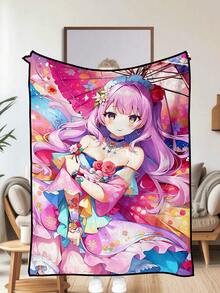 1 件动漫女孩兰花毛绒浴巾，柔软温暖，适合所有季节，家居装饰，适合客厅、沙发、休闲椅和卧室作为床上用品、浴巾，非常适合旅行、露营、礼物 - 彩色 - 查看 2