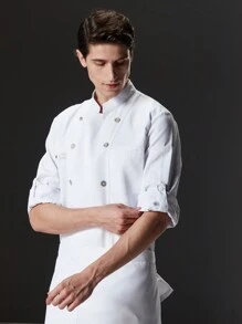 Premium Custom Chef Jacket, Waterproof And Dirt-Resistant, Wear-Resistant And Skin-Friendly, Classic Design, For Catering, Bakery, Hotel Kitchen, Restaurant, Cafeteria, Western Restaurant, Long Sleeve Chef Uniform, Unisex, Autumn, Winter, Spring - White - View 2