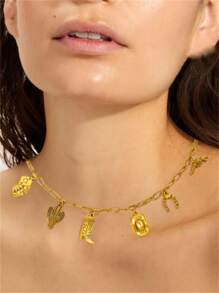 1pc Western Style Cowboy Boot, Gun, Cactus Pendant Necklace, Casual Cowboy Hat And Playing Cards - A Thoughtful Jewelry Gift For Tourists - Gold - View 6