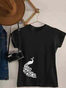 You On T Shirt Women's Baby Look Peacock Minimalist Stylish Cute Various Colors 100% Cotton - màu đen - Xem 2