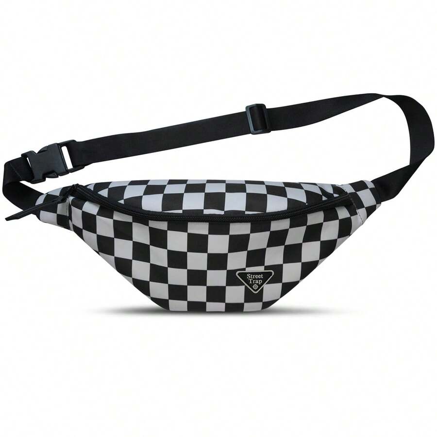 Men's And Women's Plaid Crossbody Waist Bag Or Chest Bag - 黑與白 - 查看 1
