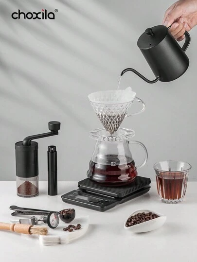 choxila مجموعتان، طقم قهوة قطرة V02، طقم صانع قهوة قطرة 4/6/8/10/12 قطعة، المواصفة 02، طقم قهوة يدوي يشمل إبريق قطرة، كوب منقي، إبريق للمشاركة، ميزان إلكتروني، مطحنة قهوة، 100 ورقة منقي