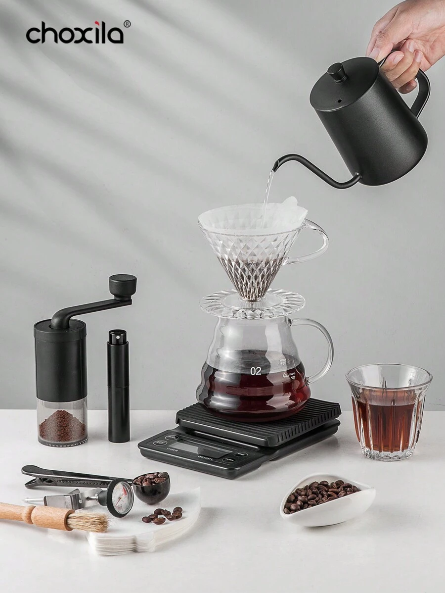 2 Set, V02 Drip Coffee Set, 4/6/8/10/12 Piece Drip Coffee Maker Set, Specification 02, Manual Coffee Set Includes Drip Pot, Filter Cup, Sharing Pot, Electronic Scale, Coffee Grinder, 100 Filter Papers