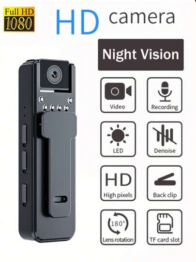 Mini Outdoor Sports Camera, 1080P HD Wearable Cam 180° Rotating Lens, Night Vision, Hours Recording Time, Built In Clip, Portable Travel, Vision Loop Ideal Home (Supports SD Card Recording)