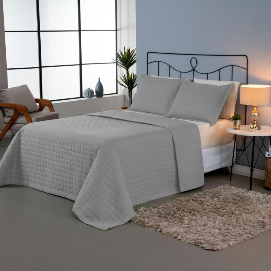Queen Size 3 Piece Quilted Percale 300 Thread Count Bedspread Kit With Pillowcase - 灰色 - 查看 1