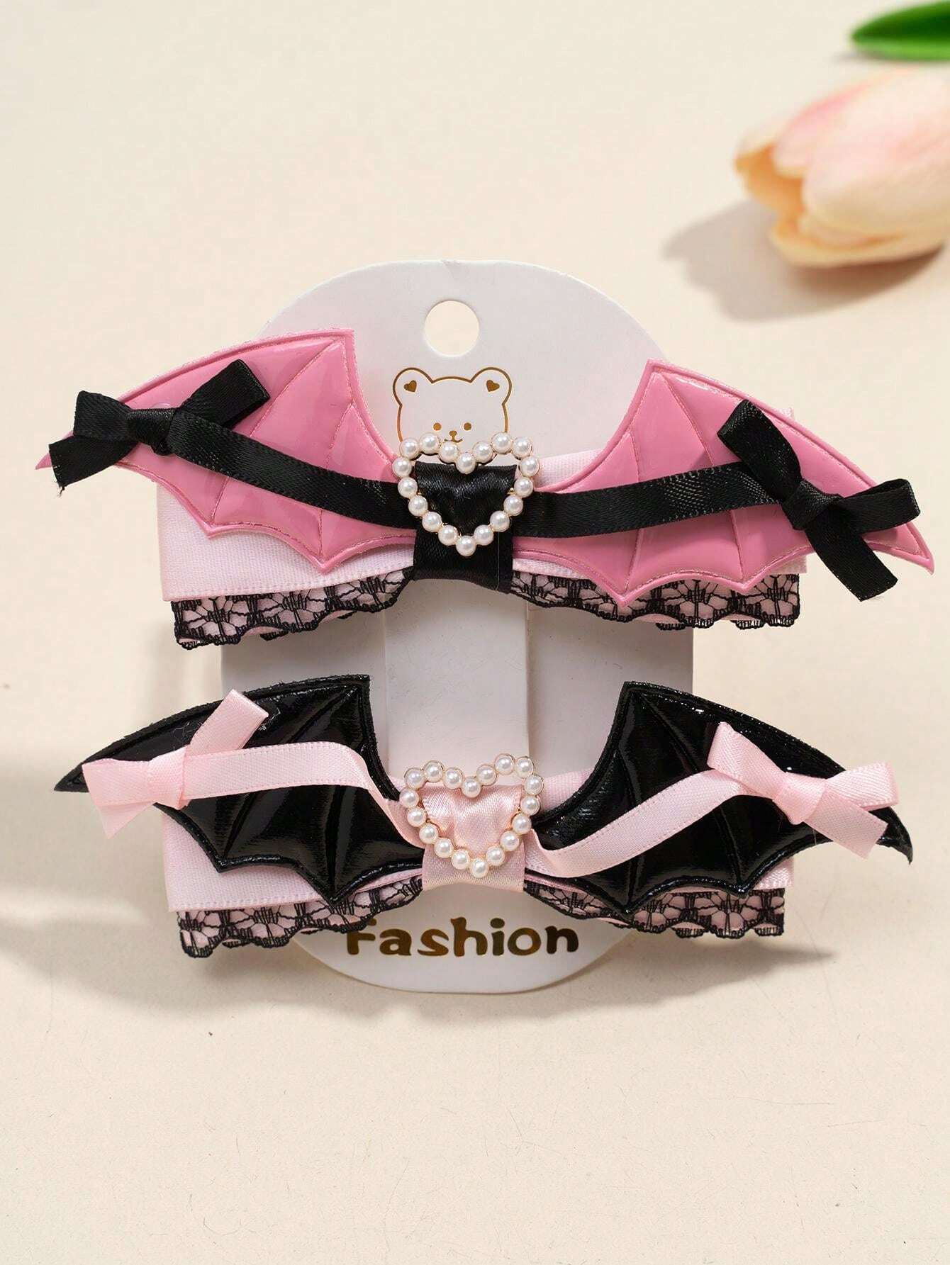 1pc Lolita Headwear Bow Terminator Black Powder Lace Wings Edge Clip