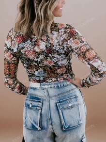 Brown Floral Long Sleeve High Neck Sheath Mesh Blouse