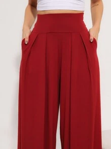 Wide-Leg Loose-Fitting Palazzo Pants In Viscose Fabric, Wide Waistband, High Waist, Pleats - Maroon - View 8