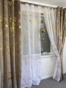 1 件大理石图案薄纱窗帘，适用于客厅卧室装饰 - 金色 - 查看 1