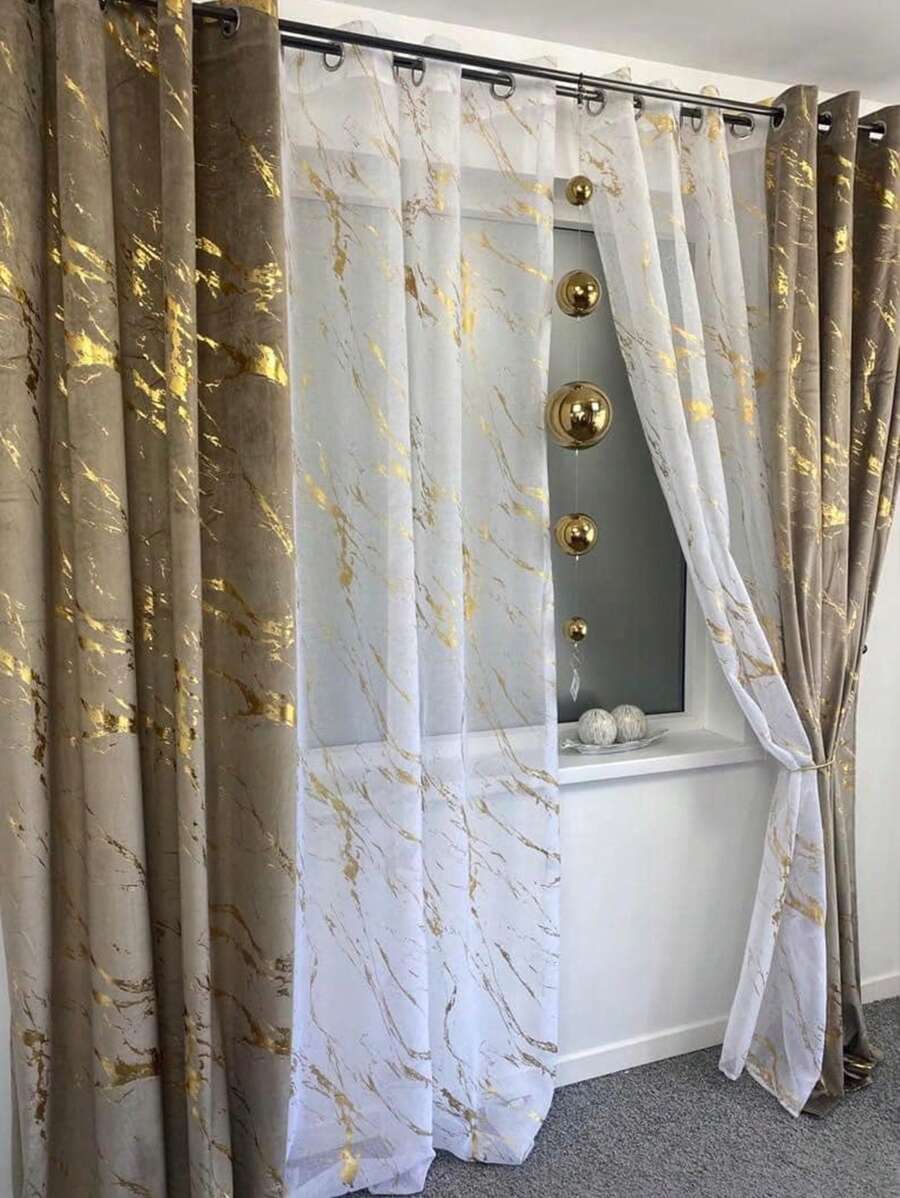 1 件大理石图案薄纱窗帘，适用于客厅卧室装饰 - 金色 - 查看 1