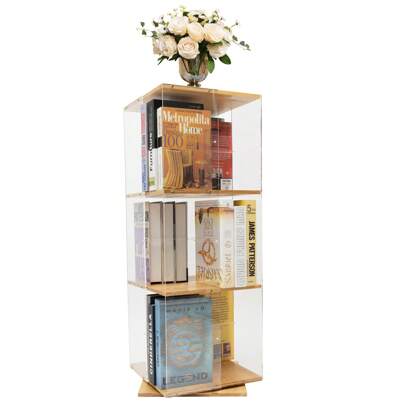 3-Tier Clear Bookcase 360 Degree Revolving Bookshelf Photo Albums Toys Storage Rack Floor Standing Corner Rotating Bookshelf