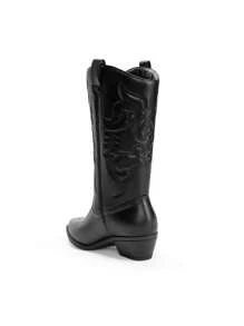 Women'S Cowboy Western Boots Point Toe Pull On Cowgirl Boots  Embroidered Detail Chunky Heeled Spring And Winter Back To School Party Festival Matching Dress Mid Calf Black Boots - màu đen - Xem 9