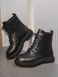 1 Par De Botas Infantis Para Bebês/Crianças Pequenas, Cadarço De Pu De Cor Sólida, Estilo Inglês Clássico, Cano Médio, Bico Redondo, Sola Antiderrapante, Botas Elegantes E Fofas, Adequadas Para Meninas E Meninos De 3 A 12 Anos, Outono/Inverno, Novidades