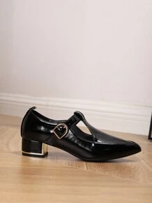 Fall/Winter 2025 Pointed Toe Metal Chunky Heel Glossy Black Mary Jane Loafers, T-Strap Work Flats For Women, Elegant, Women Pumps - Black - View 6