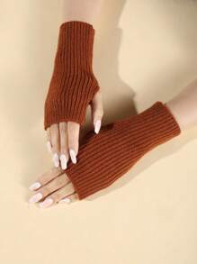 1對女士厚款保暖針織手套手指無覆蓋手套,手腕暖器,秋冬戶外活動優雅配件 - 卡其色 - 查看 2
