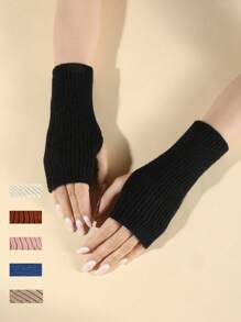 1對女士厚款保暖針織手套手指無覆蓋手套,手腕暖器,秋冬戶外活動優雅配件 - 卡其色 - 查看 1