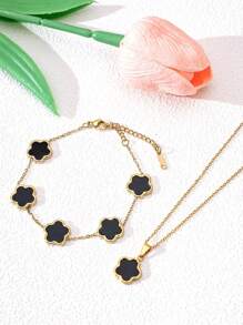 2pcs Dreamy Five-Leaf Clover Necklace & Bracelet Set, French Style Fashionable Minimalist Jewelry For Women Valentines,Mom,Mother,Mother's Day,Gift