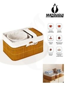 Natural Bamboo Dirty Clothes Storage Frame, Linen Lining With Lid, Portable - Rectangular + Round Four-piece Set - View 4