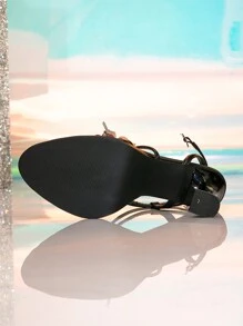 Women's Thick Sole High Heel Sandals, Black Butterfly Strap Sexy Platform Sandals