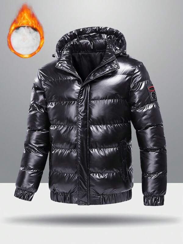 Men's Winter Casual Warm Hooded Shiny Detachable Hood Padded Coat