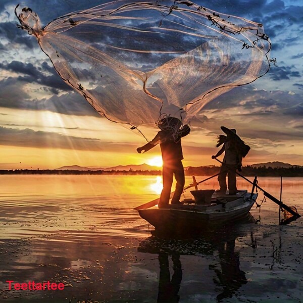 Teettartee Vintage Traditional Hand-Thrown Fishing Net, Handmade Manual Cast Net, American Style Manual Cast Net, Tire Line Mesh Net, 1 Inch Mesh, 3.5m Diameter, Handcrafted Old-Fashioned Hand Cast Fishing Net