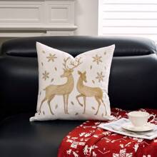 1 szt. Poszewka na poduszkę choinkową, haft jelenia i płatka śniegu 18x18 poszewka na poduszkę domowa Xmas złota dekoracyjna poszewka na poduszkę miękka na sofę łóżko krzesło - złoty jeleń - Zobacz 9